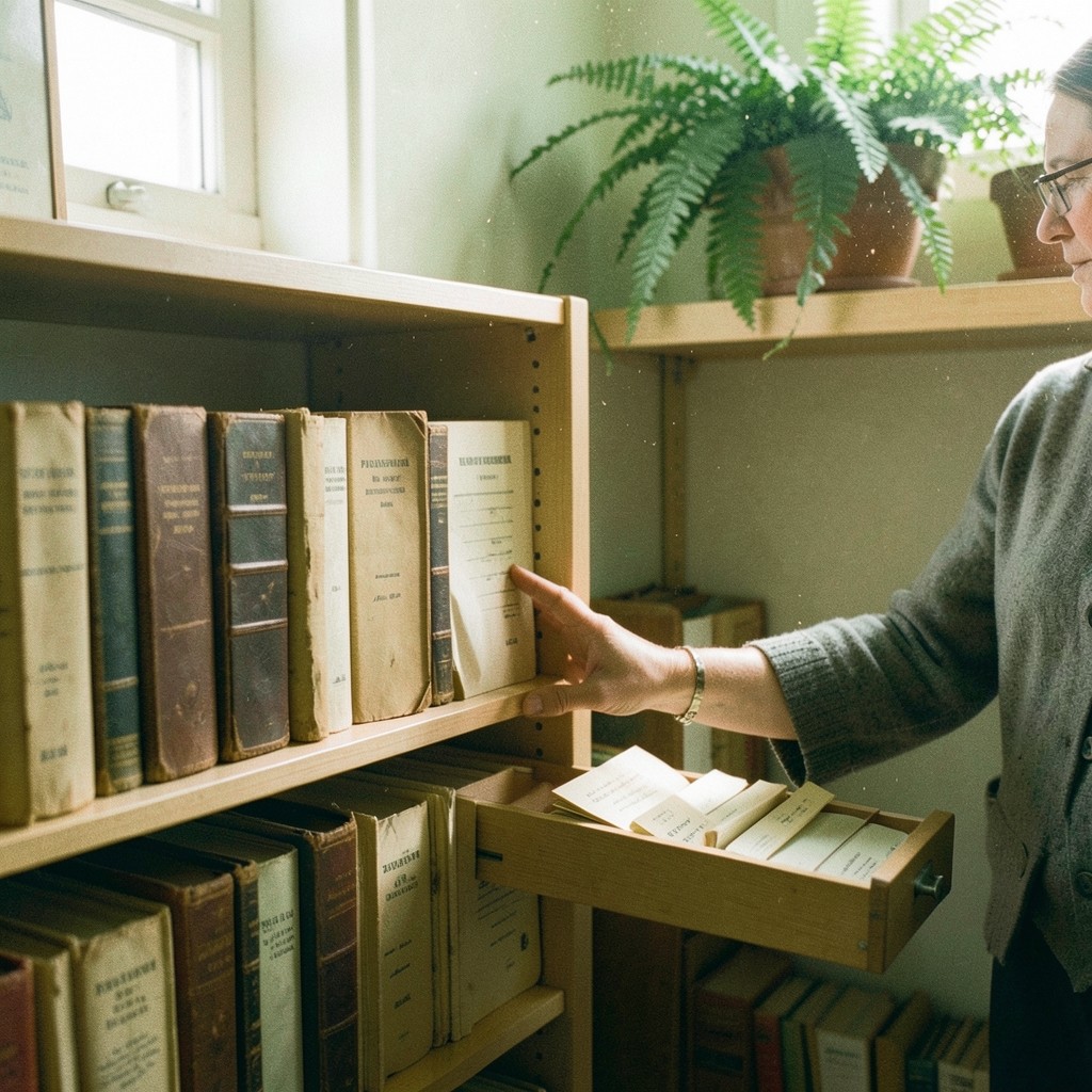 A small editorial office with shelves of bound notes and a reading lamp