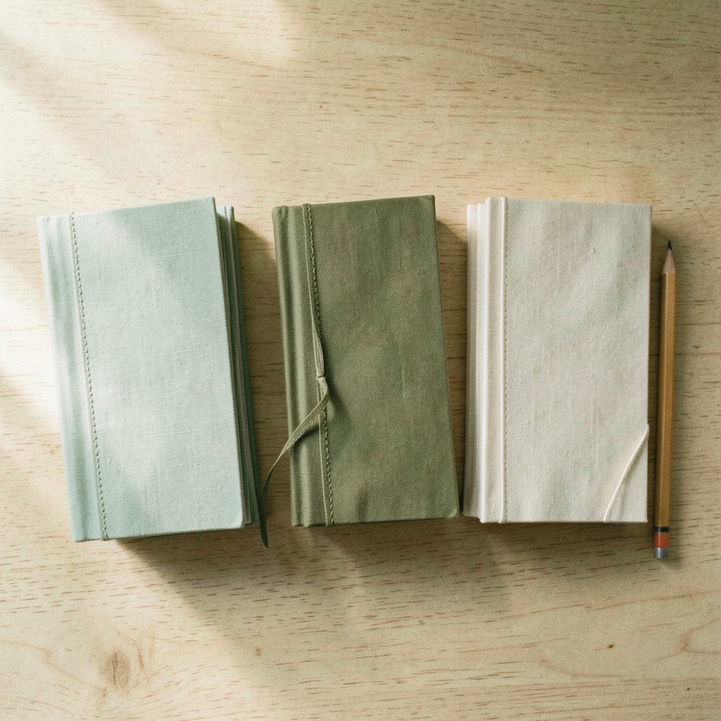 A librarian's hand resting on a stack of slim bound volumes