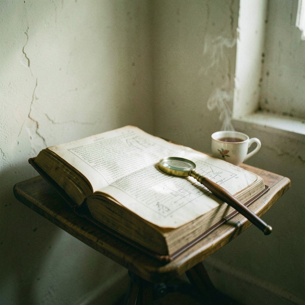 A single open volume on a reading desk, lit by a warm window