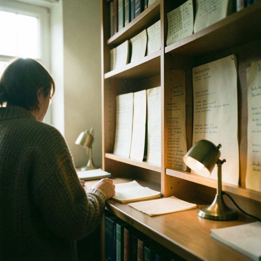 A quiet archive room with warm window light falling on shelves of bound notes