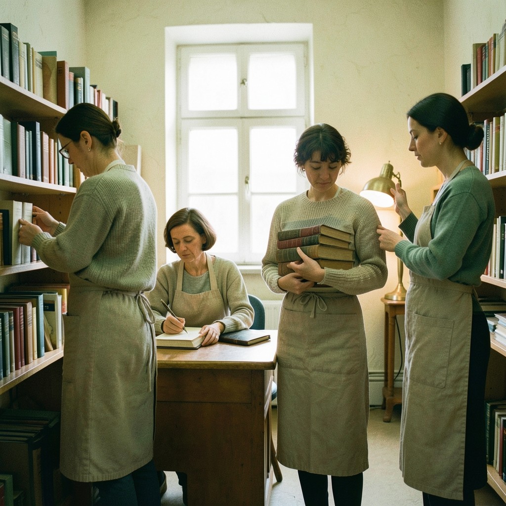Four writers at a long table reviewing bound notes together