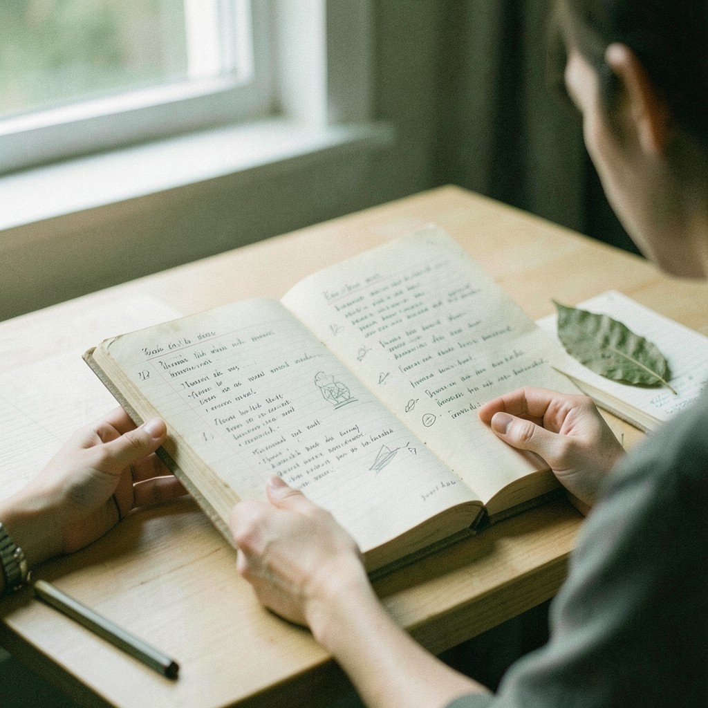 A reader's hand underlining a passage in a bound note