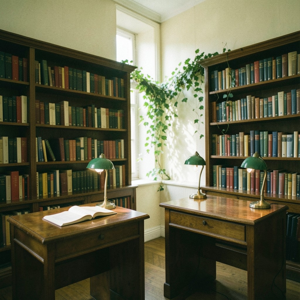 A reading desk by a window with cross-linked notes and a warm lamp